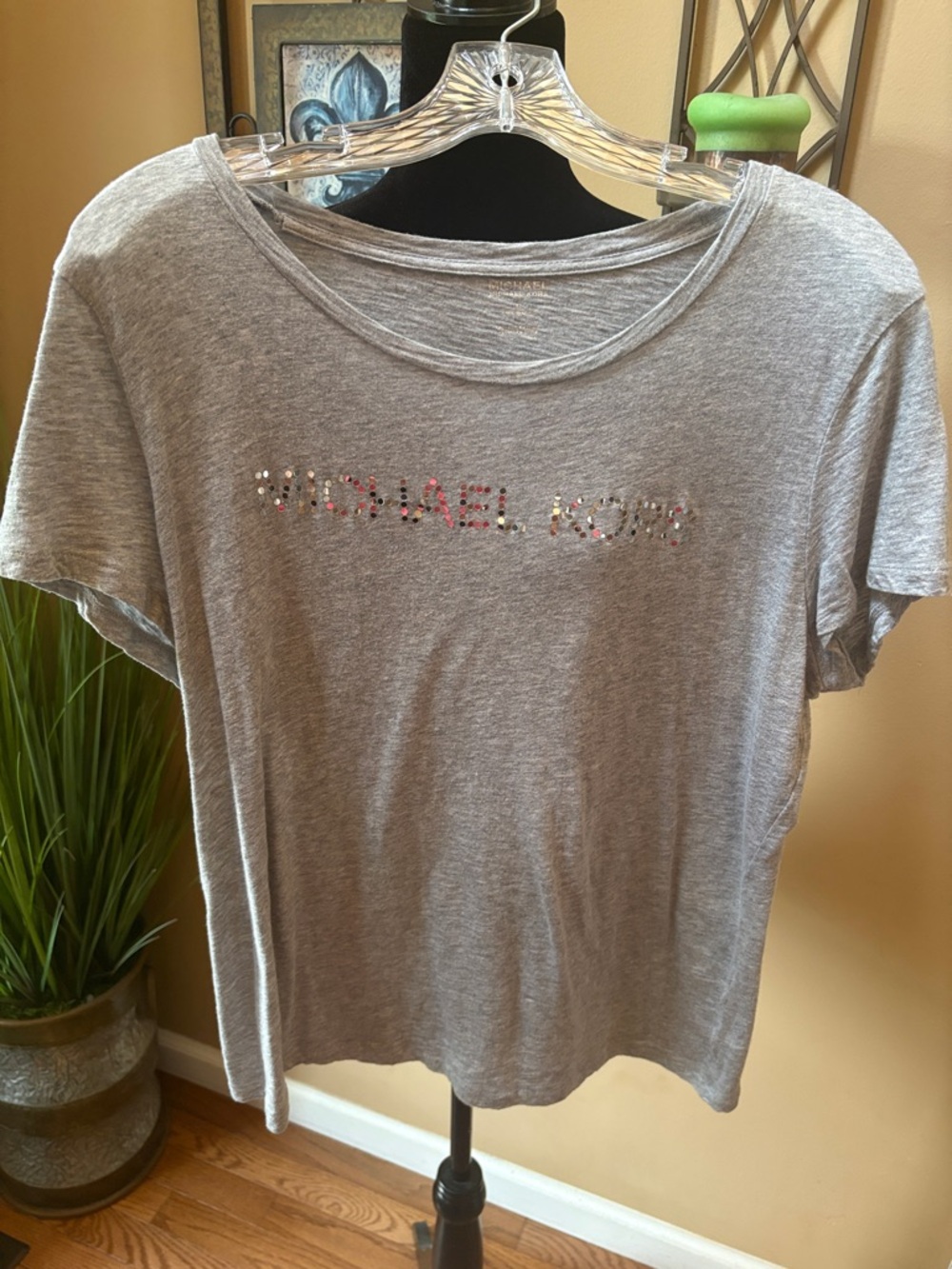 Michael Kors Gray Short Sleeve Logo Tee with Embellished Script
